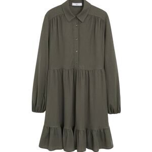 MNG Mango Green Long Sleeve Ruffled Tiered Collared Shirt Dress Size 4 Small